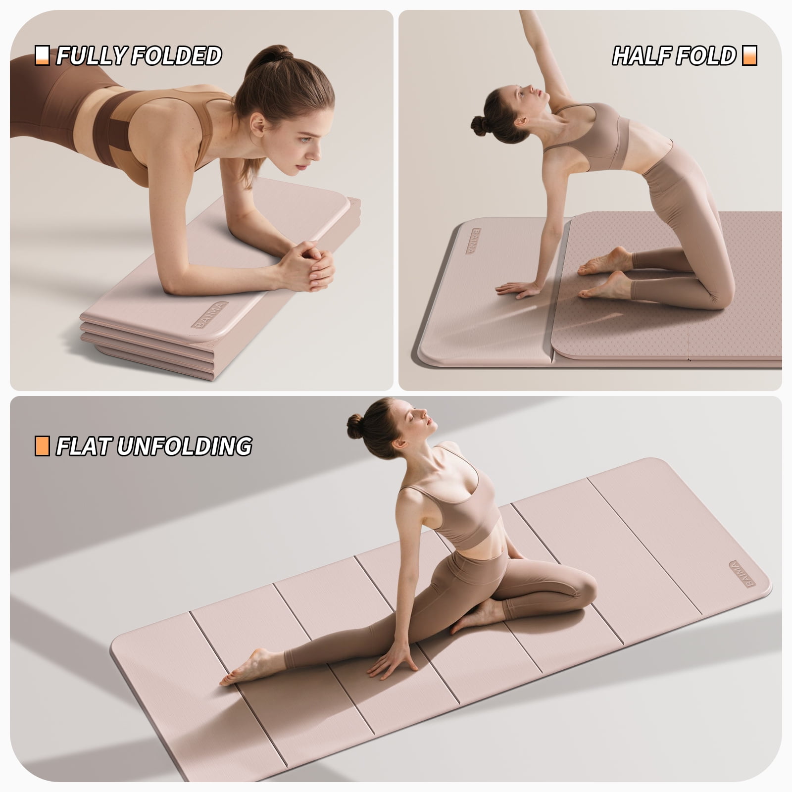 BAIMA Stretching Foldable Yoga Mat 10mm Thick,Workout Mats for Home Gym,Pilates,Quick Unfold/Stor,Non-Slip Surface,3.5lbs(Apricot)