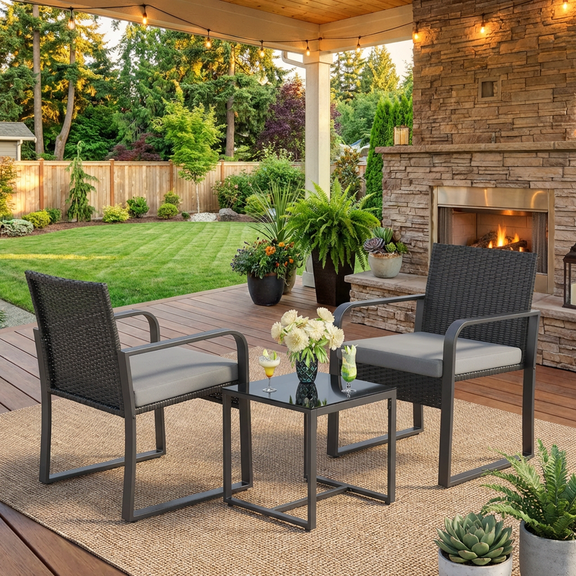 3-Piece Patio Bistro Set Outdoor Furniture, Patio Chairs with Glass Table, Conversation Set for Garden, Porch, Yard, Gray Cushion