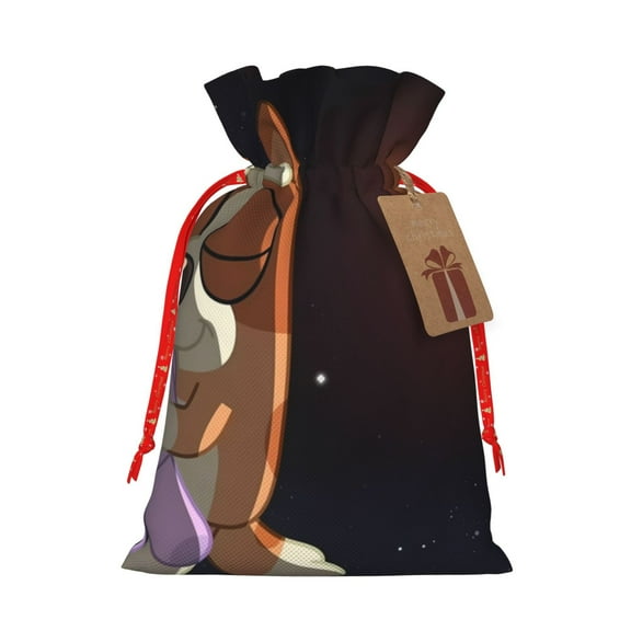 Masiiu Bluey Print Christmas Gift Bag, Burlap Drawstring Pouch with Kraft Paper Card for Holiday, Party, and Birthday Wrapping-Small