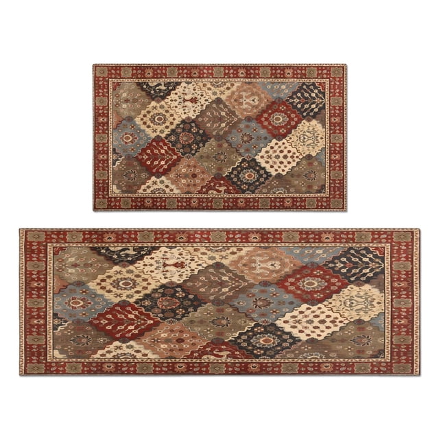 Anti-Fatigue Boho Floral Rugs Set of 2 Absorbent Runner Rug- Anti-Slip, Washable Kitchen Mat Vintage Inspired Mat Perfect for Kitchen and Laundry Areas