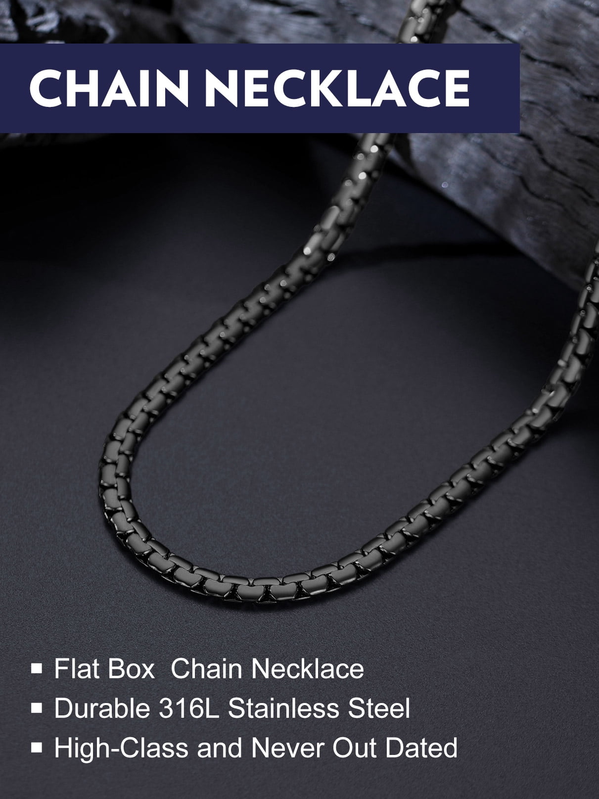 Bandmax 6MM Black Flat Box Link Chains Necklace for Men Women Solid Stainless Steel Cable Chain Jewelry Birthday Father Day Gift for Mens Son Husband Dad