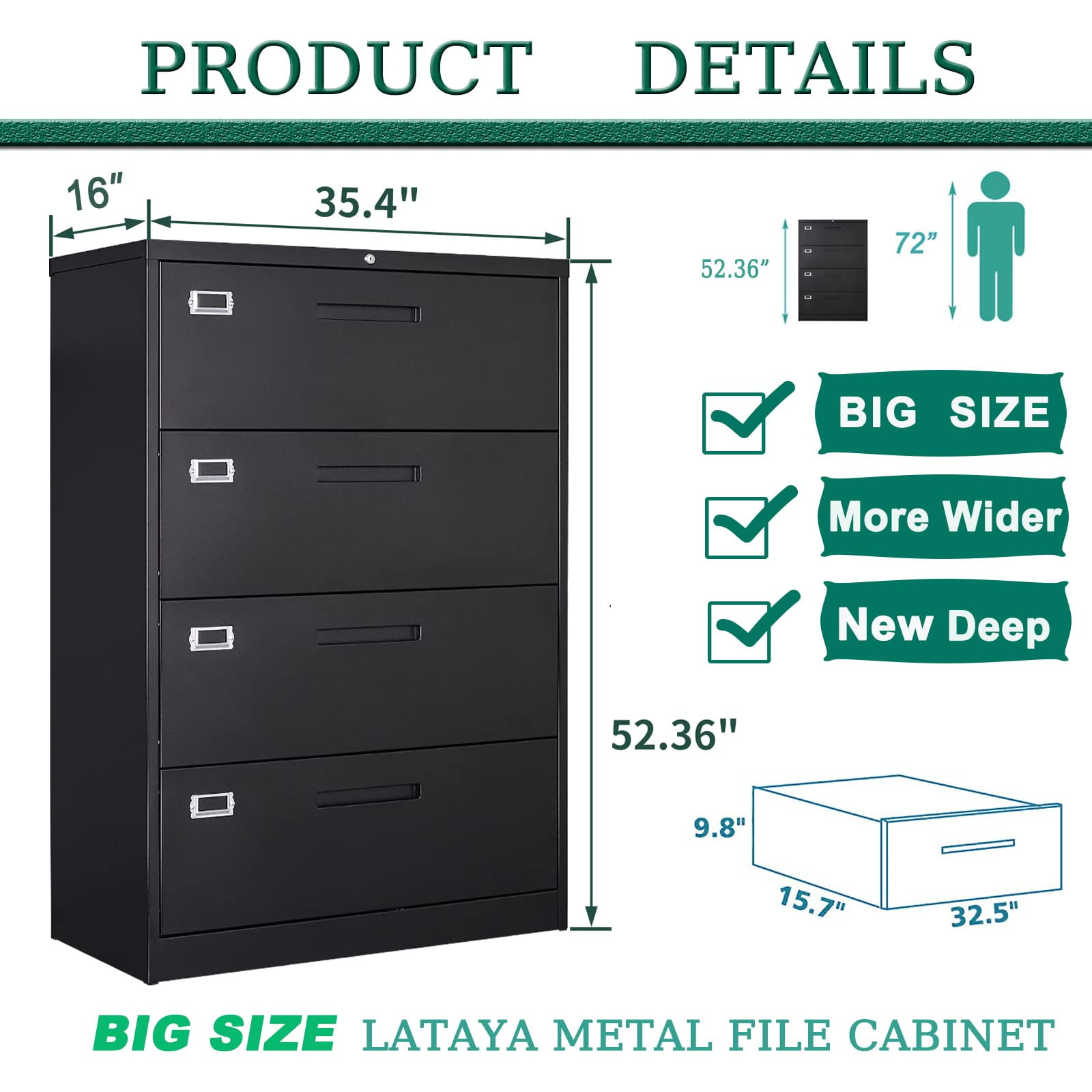 Fesbos File Cabinets,4 Drawer Metal Lateral Filing Organization Storage Cabinets with Lock,Home Office for Hanging Files Letter/Legal/F4/A4 Size (Require Assembly)