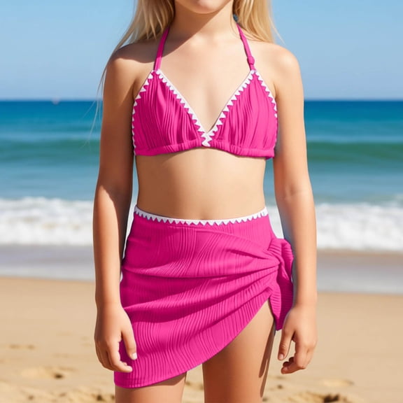 Textured Halter Neck Triangle Bikini Set with Wrap Skirt Scalloped Trim Two Piece Swimsuit for Girls Beach Vacation Swimwear,Hot Pink,11Y