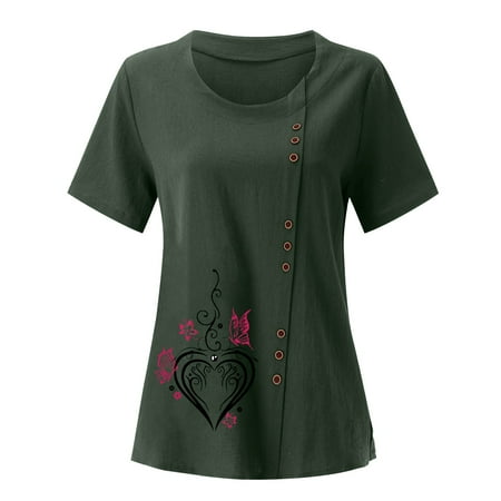 

Cathalem Pajama Tops Women s Printed Round Neck Raglan Sleeve Hem Slit Loose Short Sleeve Button Decoration Tunic Top plus Size Shirt Army Green Medium