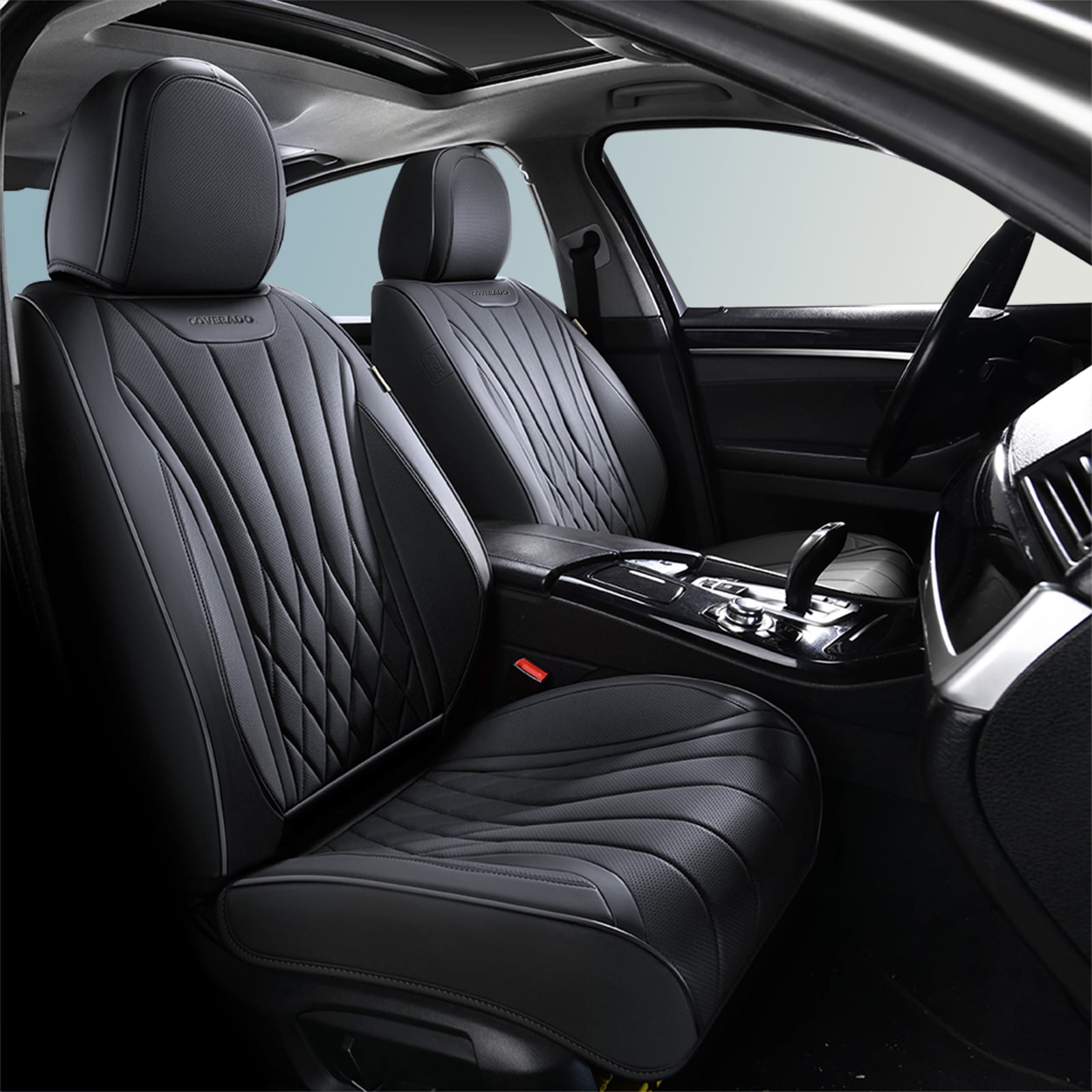 Coverado Car Seat Covers Full Set, Premium Leather Front and Rear Seat Protectors, Sleek Design Universal Fit for Most Cars, Black