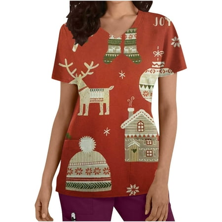 

Odeerbi Christmas Scrub Tops for Women Trendy Comfortable Stretchy Printing Scrub Shirts Short Sleeve V-Neck Working Uniform with Pocket Burgundy