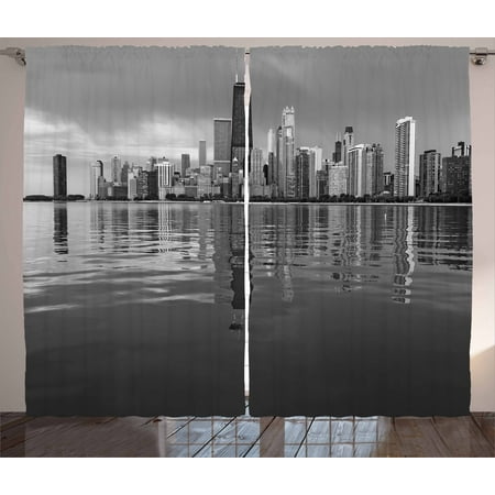 Elegant Coastal Living Rooms Chicago Skyline Curtains 2 Panels Set, Nostalgic Weathered Lake Michigan Harbor Coastal Town Urban Vintage, Window Drapes for Living Room Bedroom, 108W X 84L Inches, Black and White, by Ambesonne ()