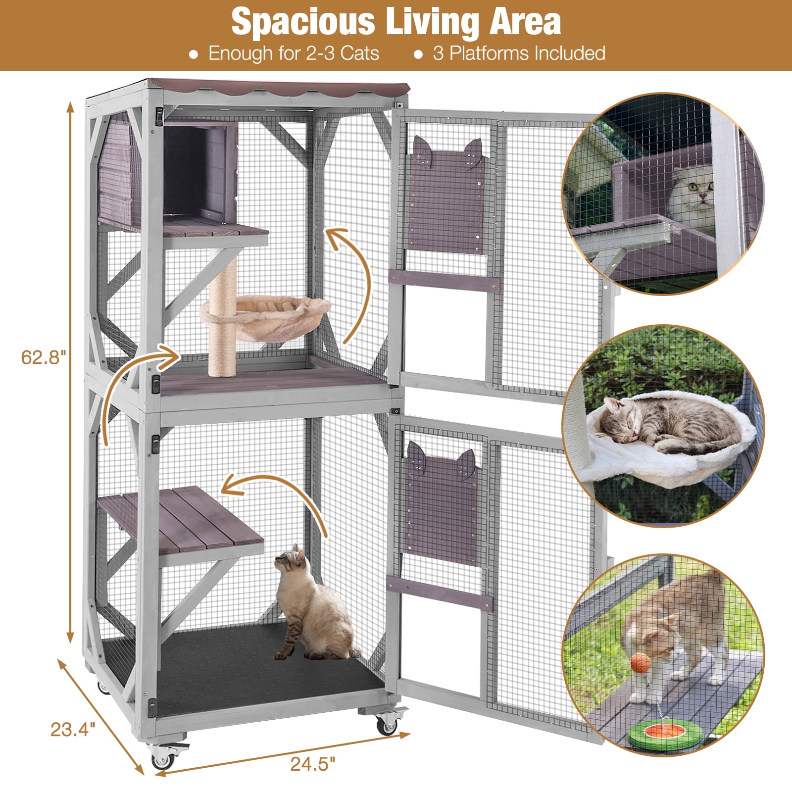 Aivituvin Catio Outdoor Cat Enclosure, 4 Tiers Outdoor Cat House with Wheels, Kitty Cages Indoor Large Window Catio -Waterproof Roof