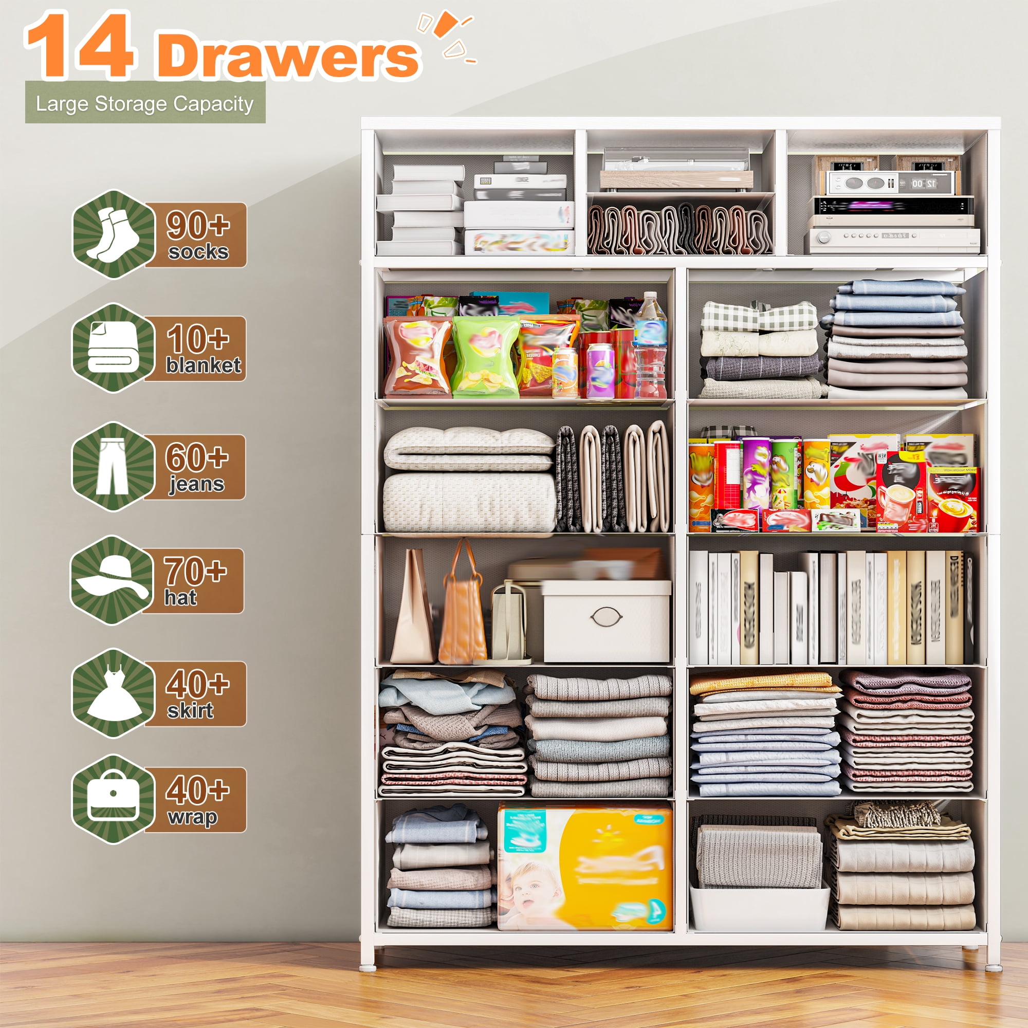 Tall Dresser for Bedroom with Fabric Drawers Dressers & Chests of Drawers for Closet, Sturdy Metal Frame, Wood Top, White