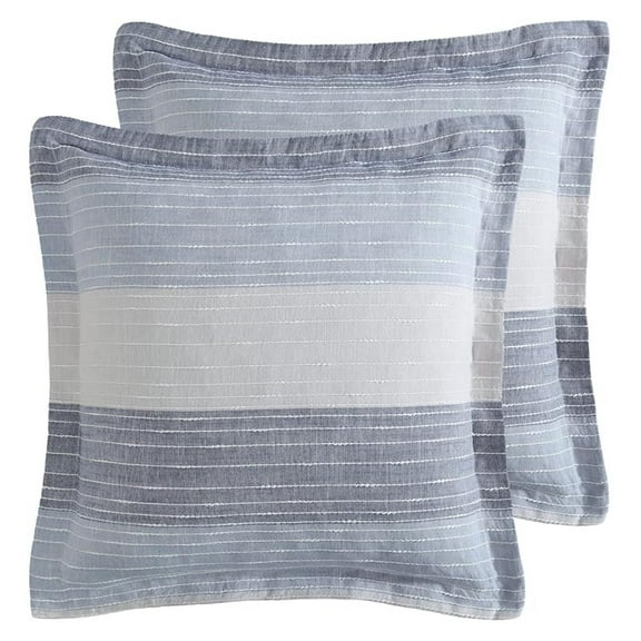 - Sand Stripes Euro Sham Set of 2 - Jaquard Stripe - Grey, Chambray, Blue, White - Two Euro Shams (26x26in.), No Insert- Cotton - Inner Not Included