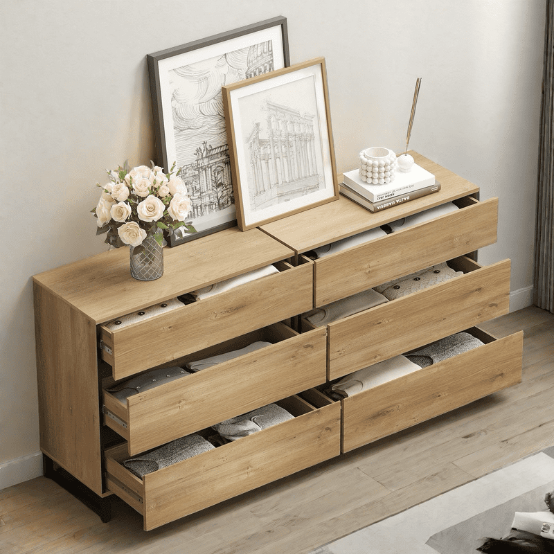 WAMPAT 3-Piece Bedroom Furniture Set, 63" Dresser & Chest with 6 Drawers, 2 Nightstands with 2 Drawers, Wooden Side Tables for Bedroom, Oak