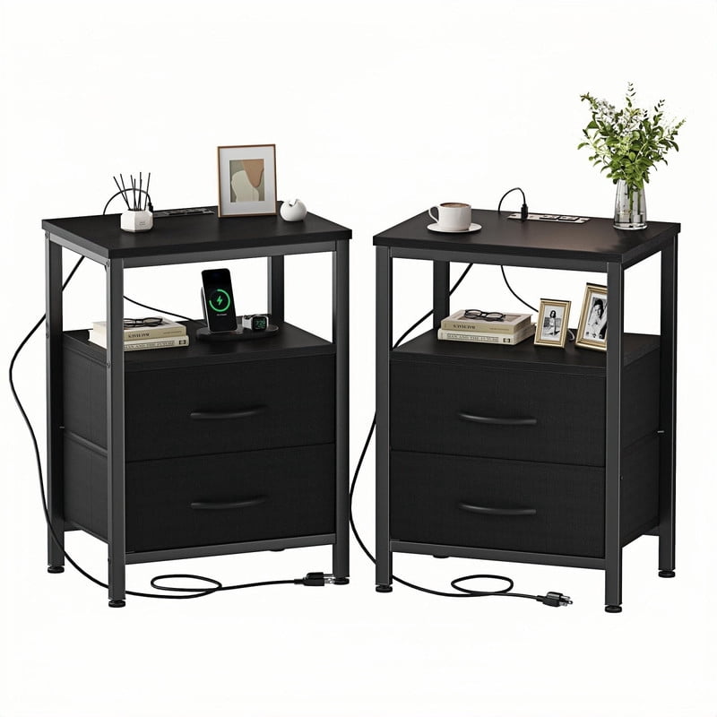 Kelno 2PCS Nightstand with 2 Fabric Drawers Charging Station USB TypeC Outlets Small Bedside Table with Open Storage Shelf, Black