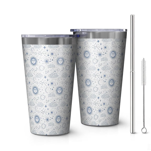 16oz Tumblers White Blue Sun Moon Cloud Star Pattern Stainless Steel Vacuum Insulated Double Wall Travel Tumbler Cups Mug with Lid and Straw,Cleaning Brush for Coffee,Tea