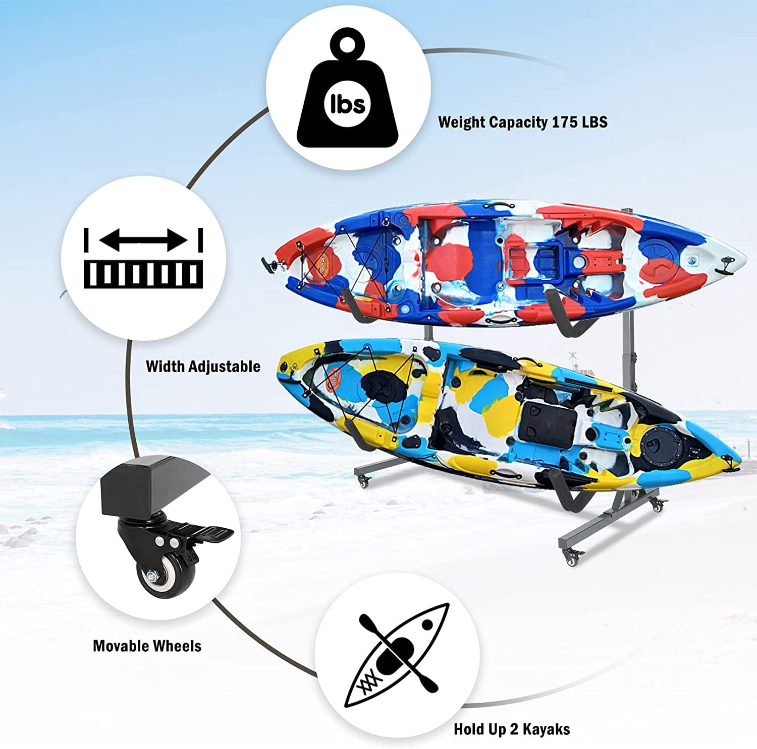 HJTER Kayak Stand Freestanding Storage Rack for Kayak Canoe Boat Paddle Board SUP Surfboard for Indoor Outdoor Garage, Shed, Dock with Lockable Wheels Wide Adjustable
