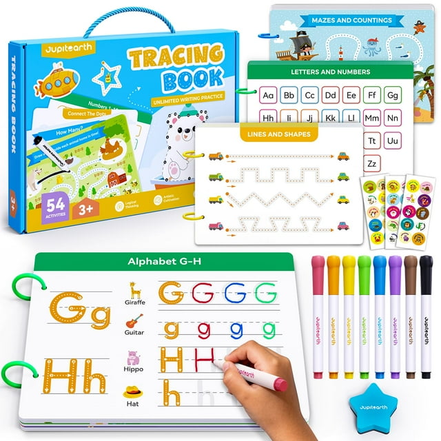 Libro de trazos preescolar JUPITEARTH con 54 páginas reutilizables