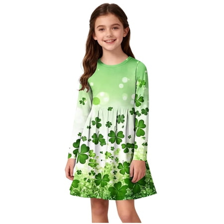 Fnooota Girls St. Patrick s Day Dresses Long Sleeve Casual Dancing Fashion Party Dresses Beige Size 14