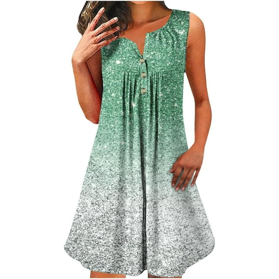 Elvqul Henley Dresses for Women Midi Plus Print Summer Green A-line Dress Knee Length Sleeveless