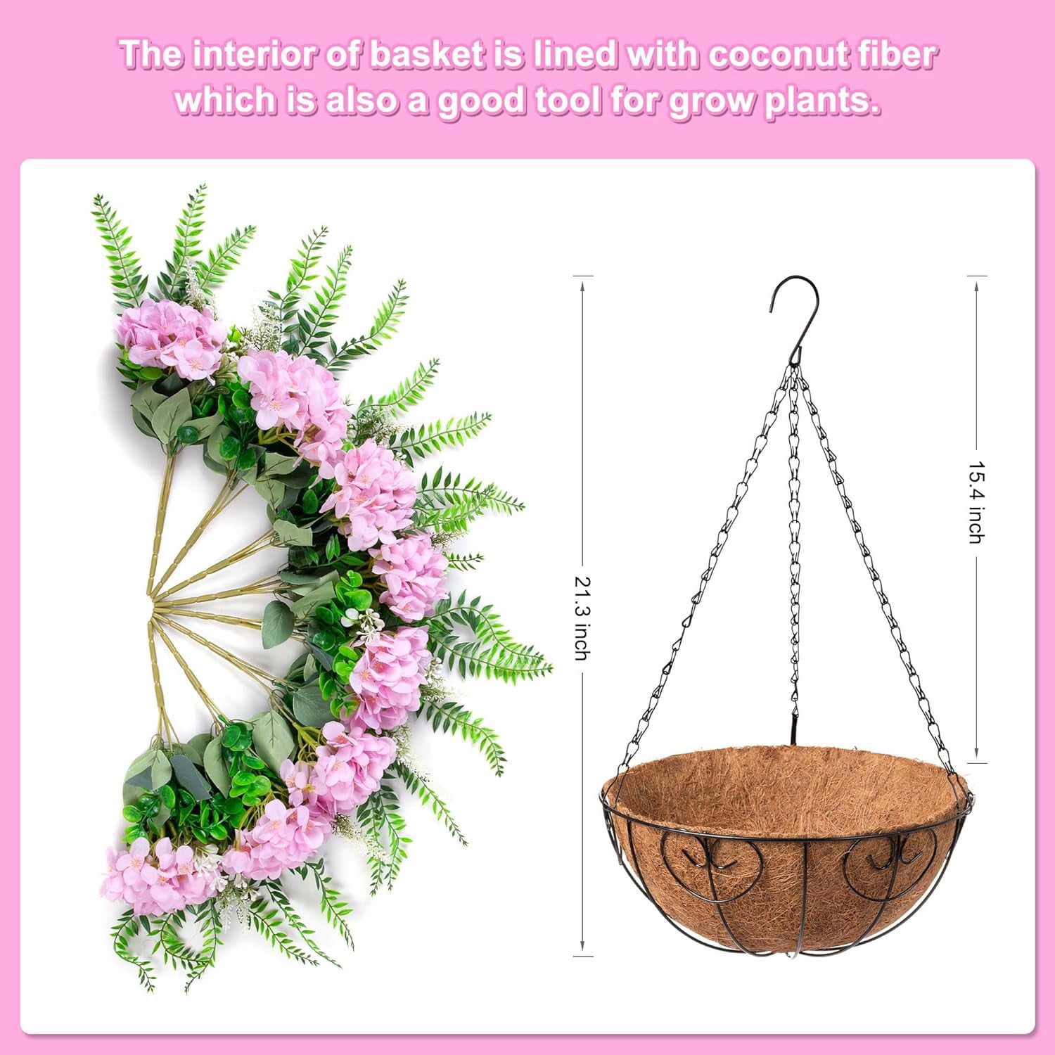 Artificial Flowers in Hanging Basket Planter for Home Spring Decoration, Silk Hydrangea Outdoor Indoor Arrangements, 12" Metal Coconut Lining Basket with Faux Plant(Champagne)