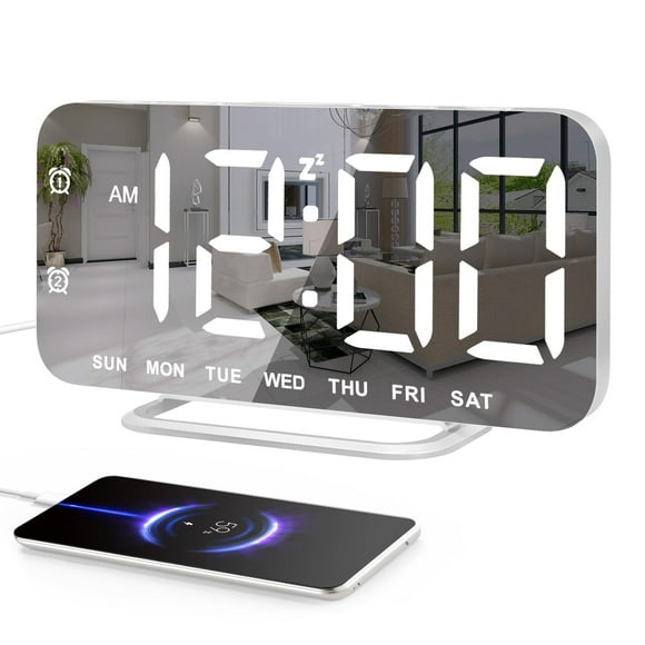 Reloj despertador JALL Slim LED con espejo digital, superficie blanca