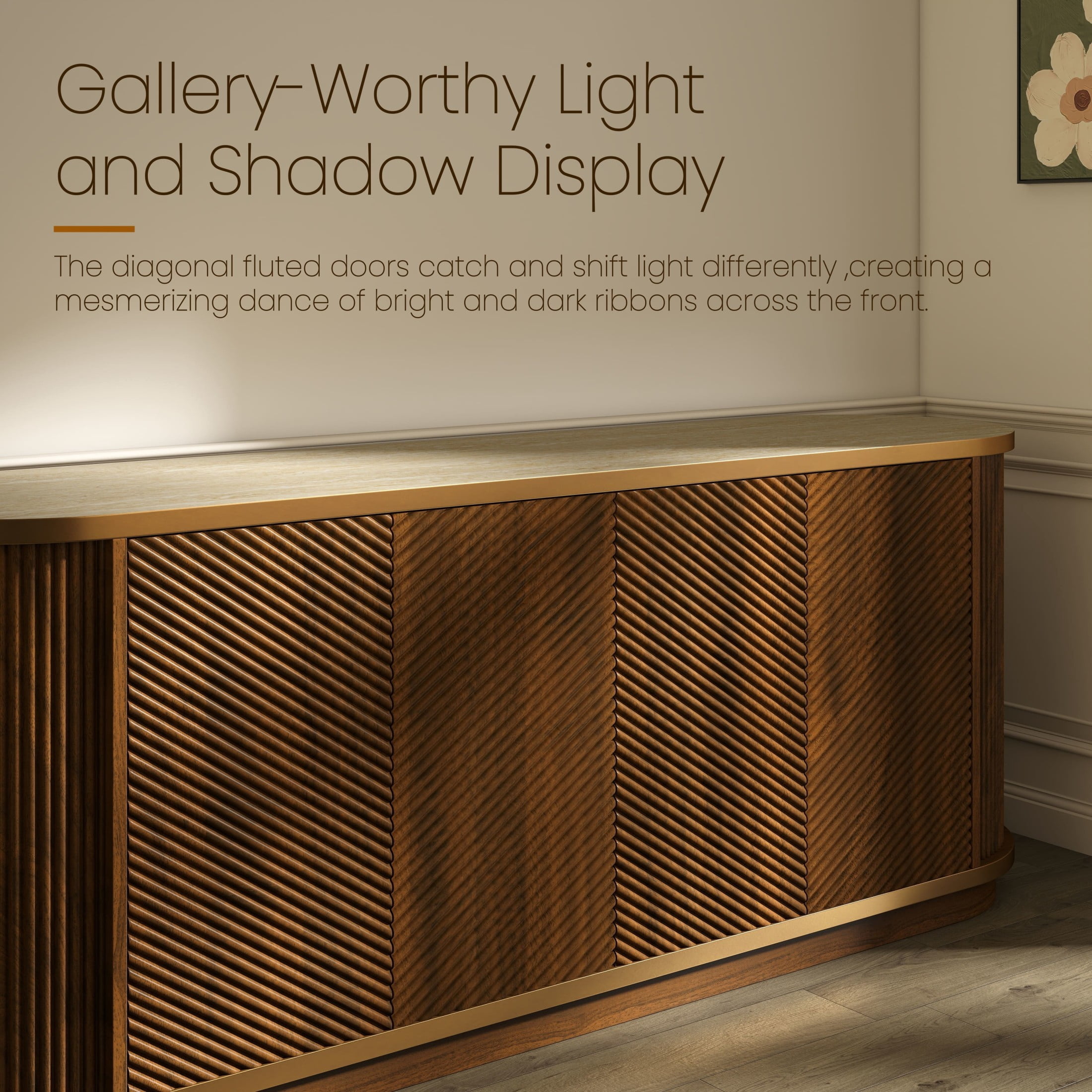 Noble House Diagonal Fluted Sideboard Cabinet with Faux Travertine Top & Gold Trim, Buffet Credenza TV Stand, Walnut
