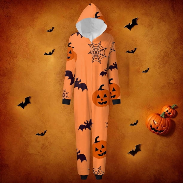 Family Halloween Pjs Matching Sets Halloween Print Long Sleeve Zippered One Piece Pajama Hooded Jumpsuit Winter Halloween Pjs Family Set