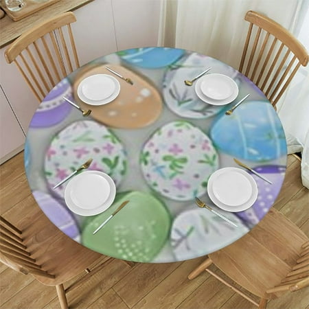 

HAOXIT Round Fitted Table Cover Edged Eggs Washable Round Table for Outdoor Kitchen Dining Party fits Round Tables 46-50