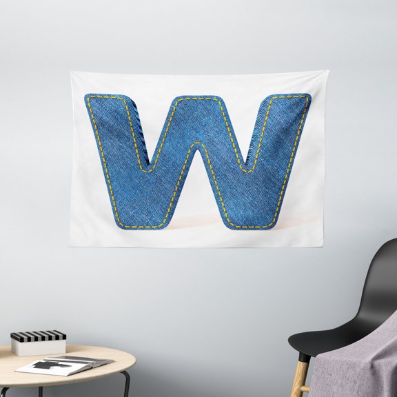 Letter W Tapestry, Symmetrical Latin Letter Capital W with Blue Jean Pattern Typography Design Print, Wall Hanging for Bedroom Living Room Dorm Decor, 60W X 40L Inches, Blue Yellow, by Ambesonne