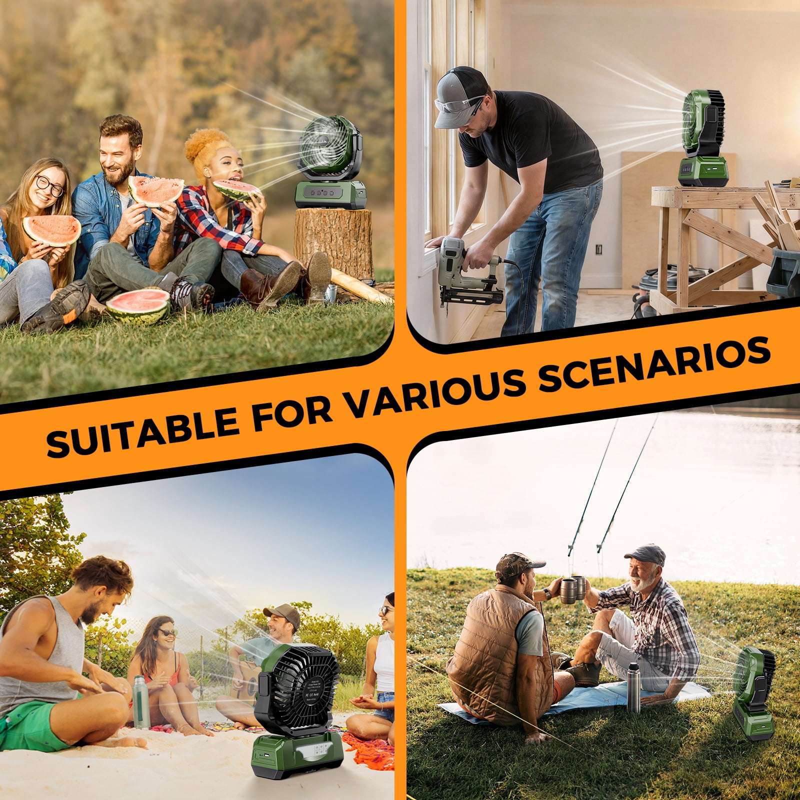 3-in-1 Camping Fan,Portable Fans Rechargeable , 20000mAh  Battery Powered Fanwith Light & Remote for Indoor, Outdoor, Tent, Travel, BBQ, Fishing, Jobsite - Green