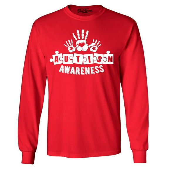 Shop4Ever Men's Heart Handprints Autism Awareness Puzzle Pieces Long Sleeve Shirt Medium Red
