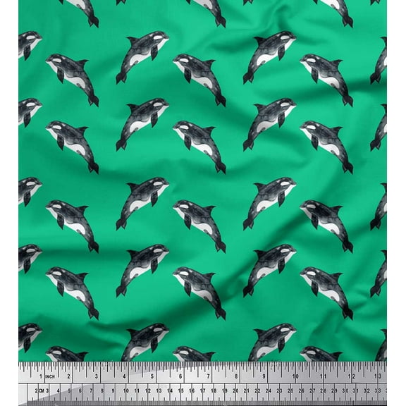 Soimoi Green Cotton Duck Fabric Dolphin Ocean Print Fabric by Yard 44 Inch Wide