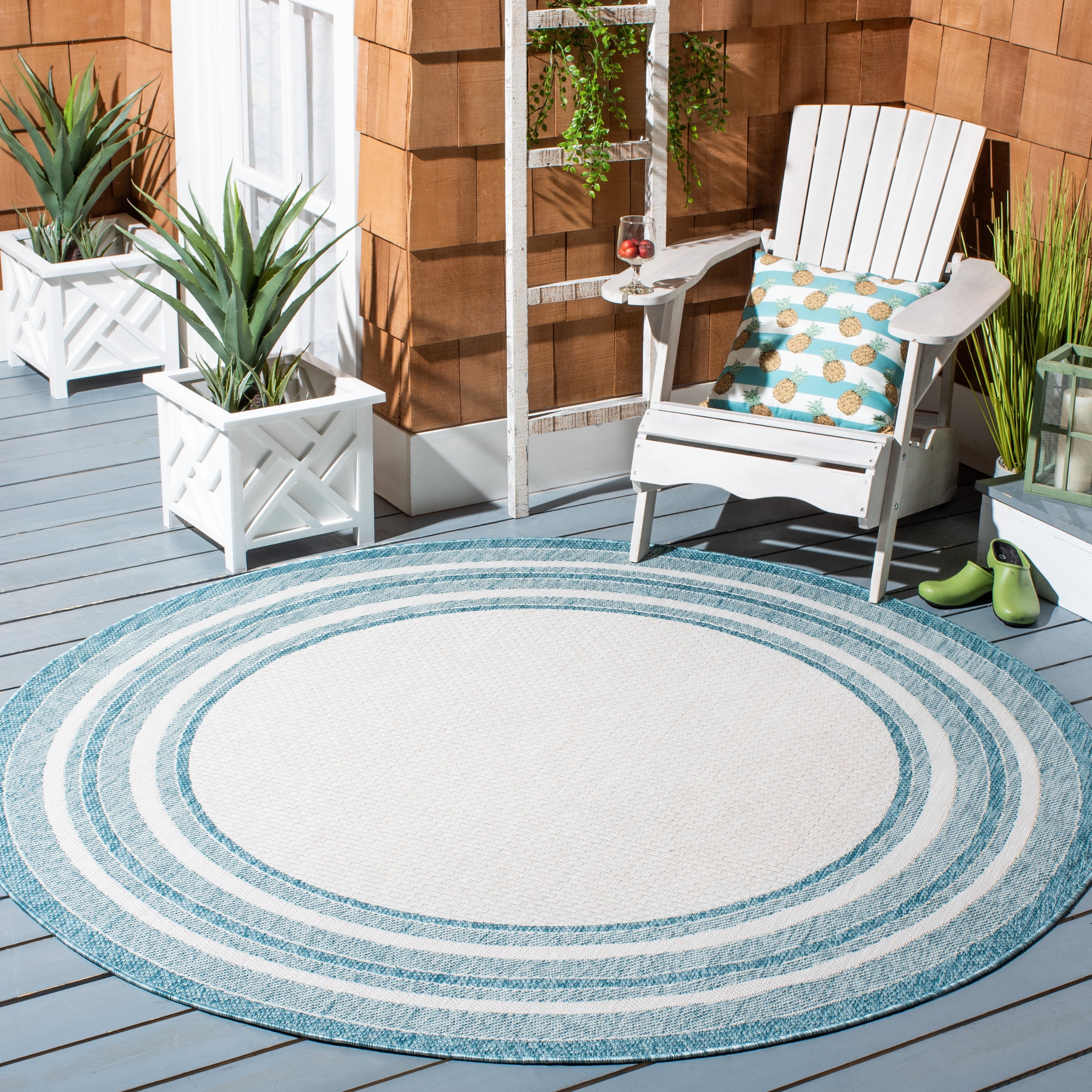 Safavieh Courtyard Ercan Bordered Indoor/Outdoor Area Rug, Ivory/Aqua, 9' x 9' Round