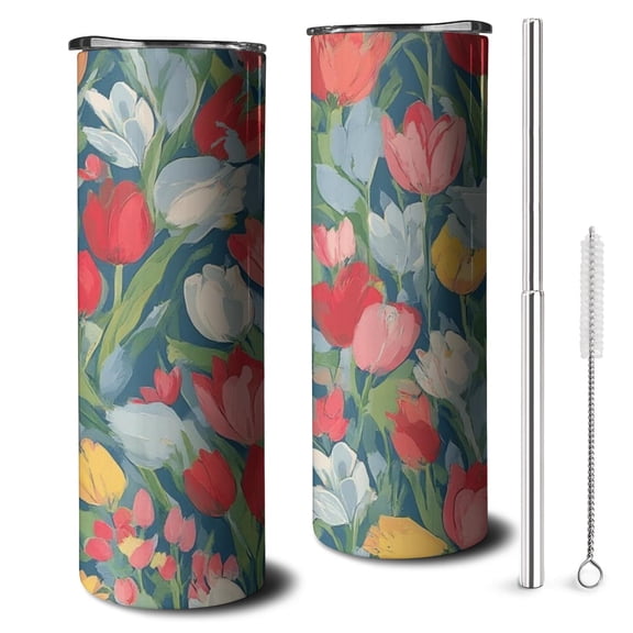 20oz Pioneer Flower Floral Print Pattern Skinny Tumblers Stainless Steel Tumbler with Lid and Straw,Vacuum Insulated Double Wall Travel Tumbler Cups with Cleaning Brush for Coffee,Tea