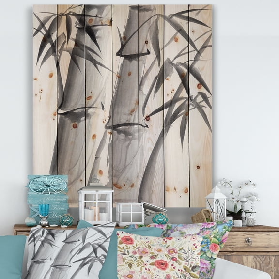 Designart 'Vintage Black and White Bamboo IV' Traditional Print on Natural Pine Wood