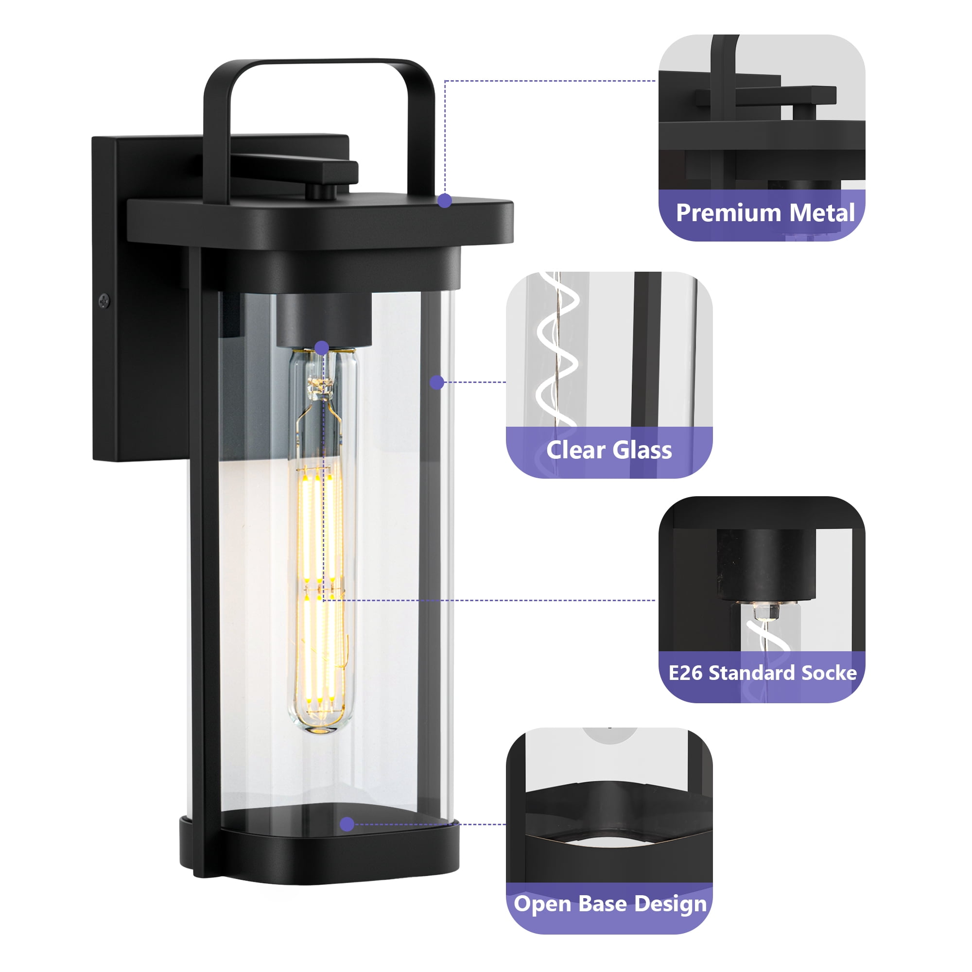 GCGAFUL 11 Inch Outdoor Wall Light, 2 Pack Matte Black Exterior Sconce with Clear Glass, Waterproof Porch Lighting for Front Door, Garage, Patio
