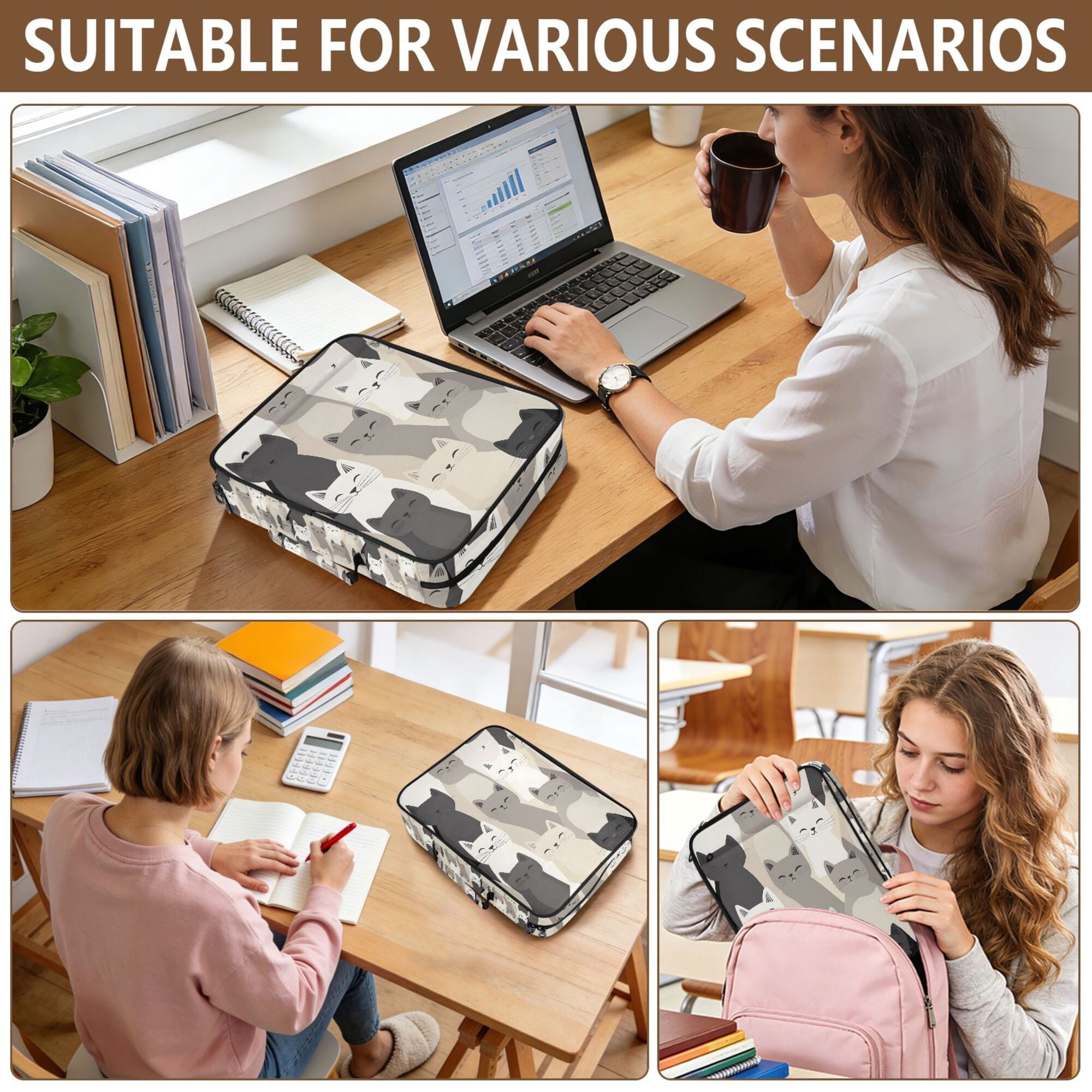 FORMRS Accordion File Folder A4 Size 7-Pocket Expanding Document Organizer Bag with 3 Ring Binder, Beige Cute Cats