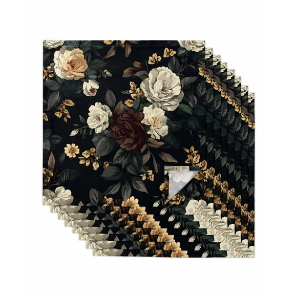 nqOlkjepod Vintage Black Floral Cloth Napkins Set of 8 Reusable Dinner Napkins, Spring Seasonal Botanical Blooms Cocktail Napkin Washable Table Napkins for Wedding/Holiday Party/Baby Shower 20"x20"