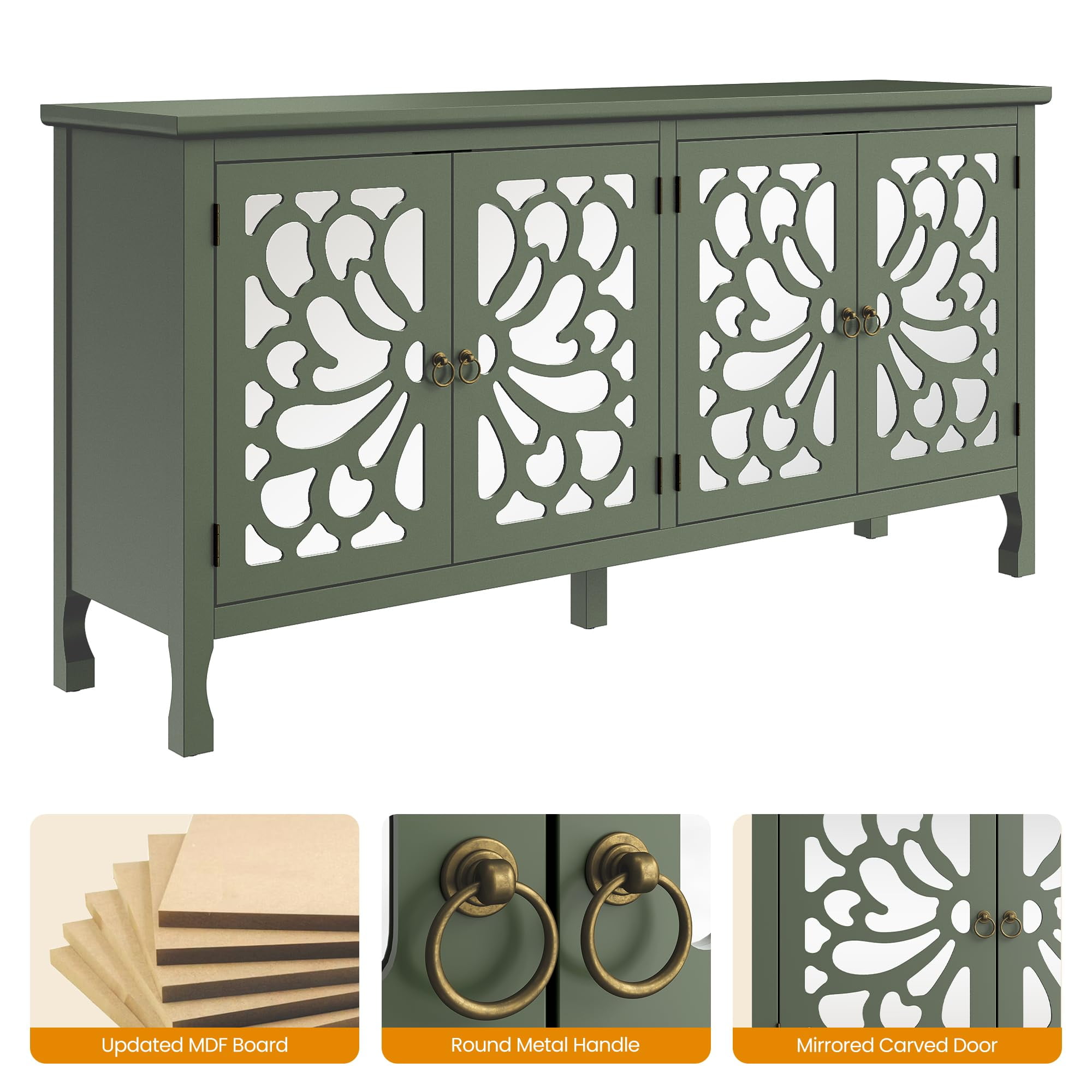 CozyHome 63" Carved Buffet Cabinet with Mirrored Door, Modern Console Cabinet with Storage and Adjustable Shelves, Wood Media Cabinet for Entryway, Living Room, Bedroom, Dining Room, Bathroom (Green)
