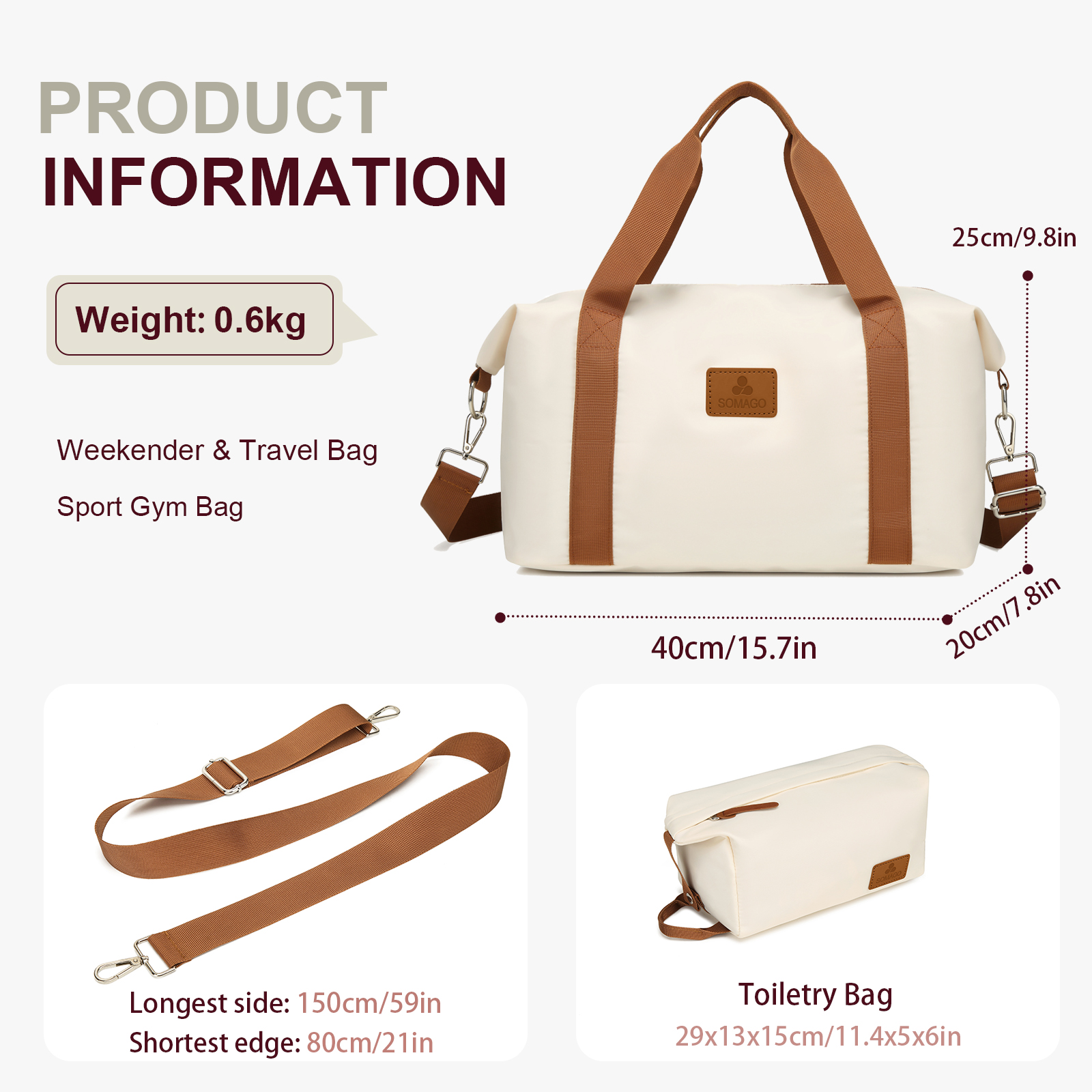 Somago Travel Duffel Bag Weekend Bag Carry On Tote Water Resistant Travel Essentials Sport Gym Bag For Men & Women Overnight Bag Luggage Bag With Trolley Sleeve For Hospital Business Trip