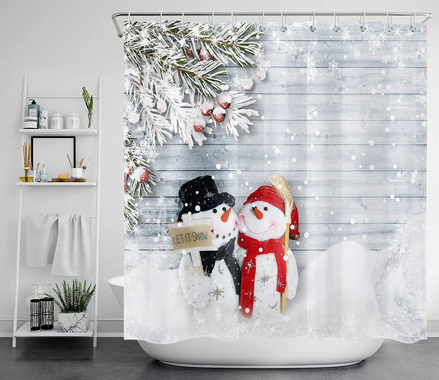 Christmas Snowman Snowy Forest Shower Curtain Hooks Waterproof Fabric Bath Mat 