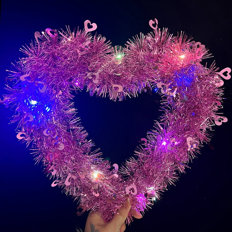 3 Pack Red Valentine Day Heart Wreath Tinsel Heart for Front Door with 20  Lights,Hanging Valentine Day Wreaths Heart Decorations Shaped Wreaths with