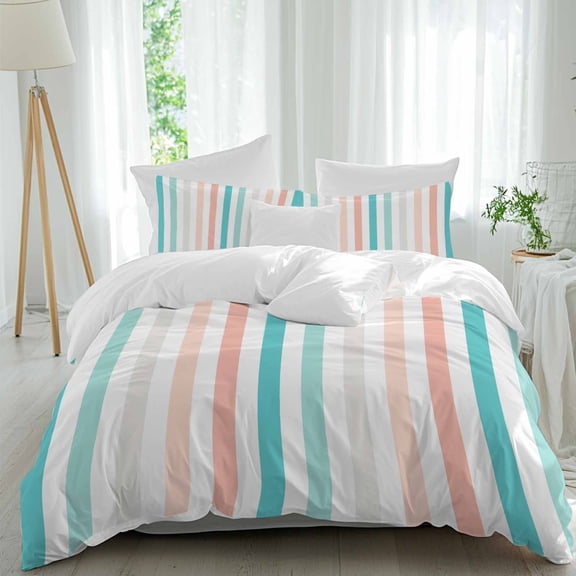 3 Piece Aqua Teal Stripe Duvet Cover Set Twin Size,Microfiber Comforter/Quilt Cover with Corner Ties and 2 Pillowcases,Geometric Grey White Vertical Striped All Season Bedding with Zipper Closure