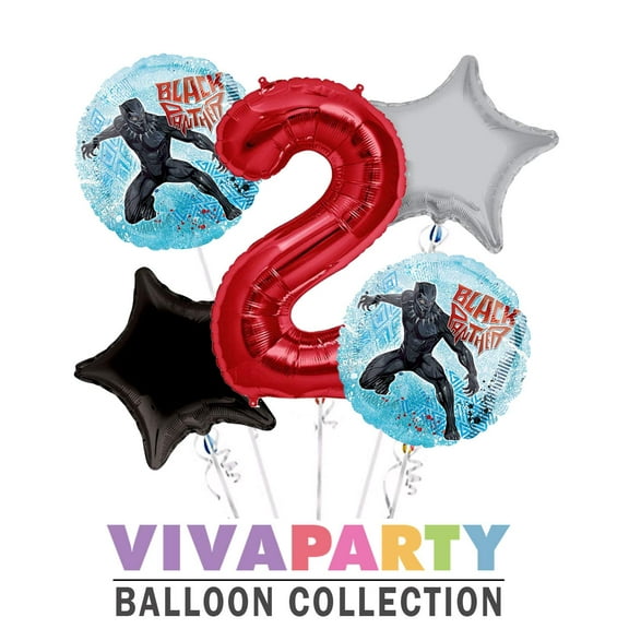 Black Panther Round Balloon Bouquet 5 pc, 2nd Birthday, Red Number 2 Jumbo Balloon | Viva Party Balloon Collection