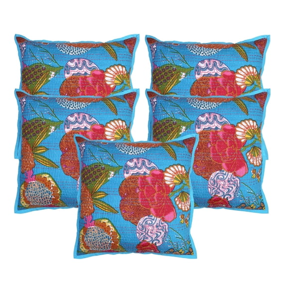 Stylo Culture Indian Settee Sofa Throw Pillow Covers 18 x 18 Kantha Printed Turquoise Hand Stitched 45cm x 45cm Home Decor Cotton Tropicana Square Cushion Covers | Set Of 5