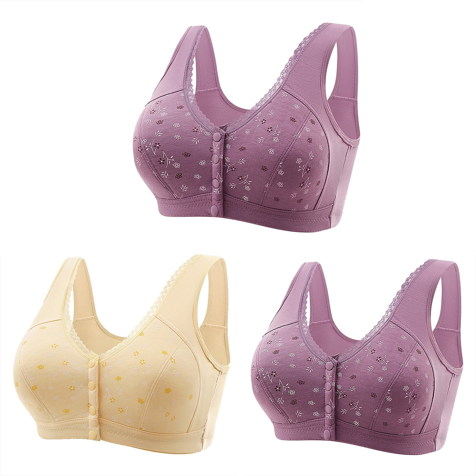 3 Pack Womens Front Closure Bras Plus Size M-7X Wireless Push Up Full-Coverage Underwear Casual Comfortable Multipack Support Bralettes