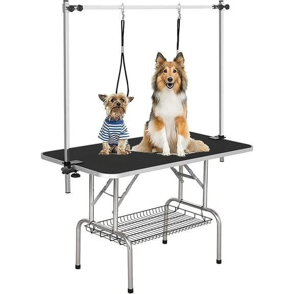 mydearpet Pet Dog Grooming Table, Adjustable Large Heavy Duty Professional Foldable Trimming Stage with Arms, Noose, Mesh Tray, Maximum Capacity Up to 330LBS, 36''/Black