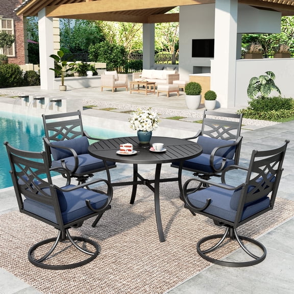 SUMMIT LIVING 5-Piece Outdoor Patio Dining Set with 4 Cushioned Swivel Chairs & Round Table with Umbrella Hole, Black & Blue