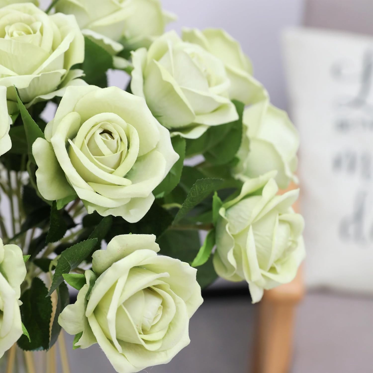 Fake Roses Artificial Silk Flowers - Green Roses Artificial Faux Flowers with Stems for Home Wedding Centerpiece Hotel Office Decor