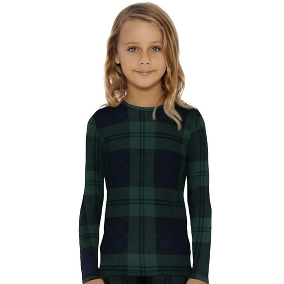 Rocky Kids Thermal Underwear Shirt for Girls Base Layer Long Johns, Green Plaid XS