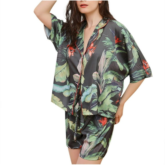 Jamicy Pajama Set for Women Gifts for Women Women's 2 Pieces Pj Plus Tropical Print V Neck Button Front Short Sleeve Sleepwear