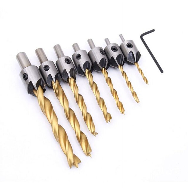 Avellanador de chaflán, broca cónica de 5 flautas con herramienta de biselado de llave hexagonal para madera (7 piezas, 3-10 mm),